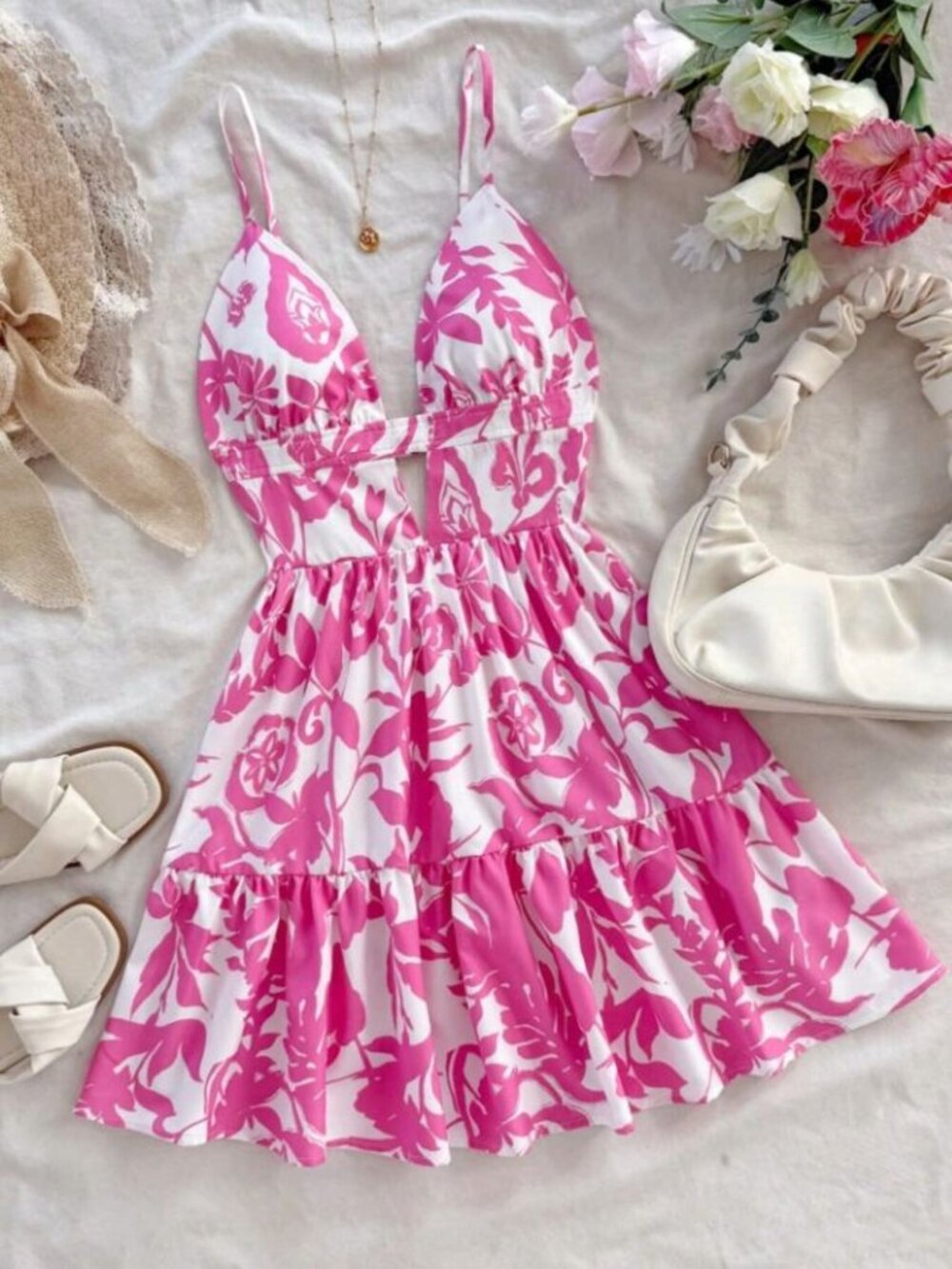 Floral Pink Modern Nomad Cutout Mini Dress